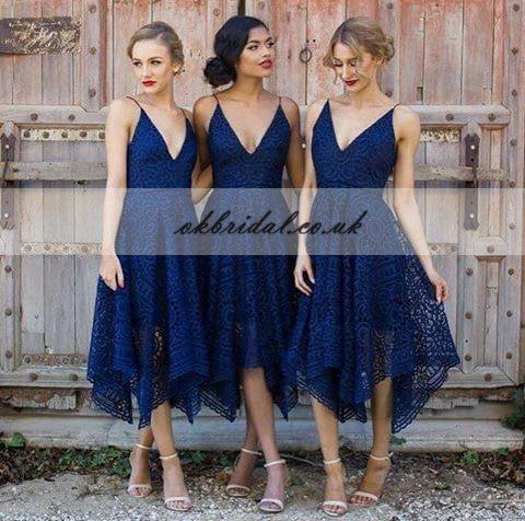 Spaghetti Straps Cheap Bridesmaid Dresses, Navy Blue Lace V-Back Bridesmaid Dresses, KX352