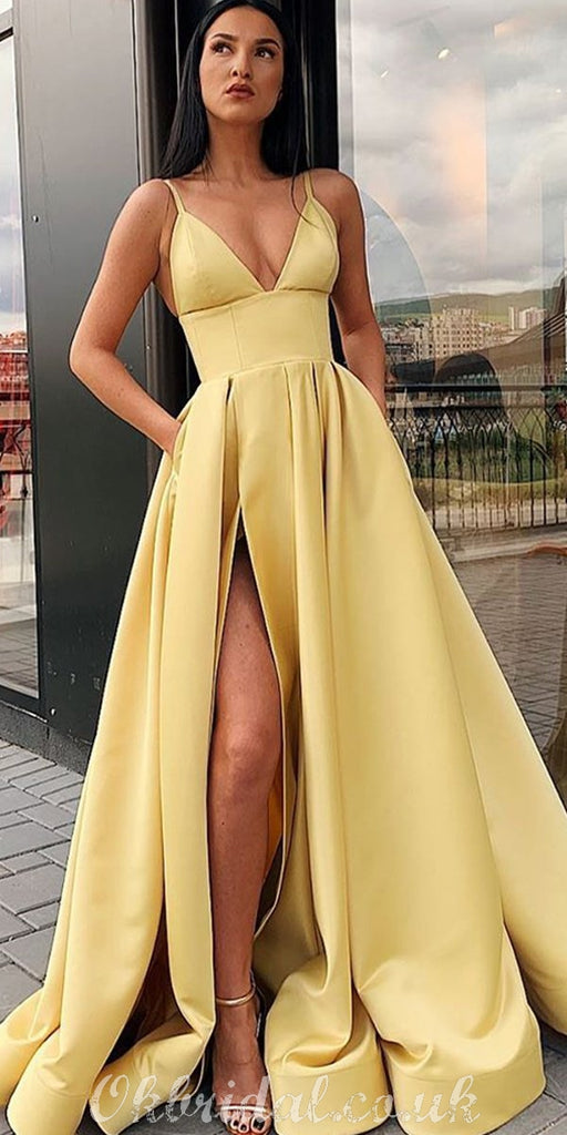 Different Colors A-line Satin Sleeveless Spaghetti Straps Slit Prom Dress, FC3758