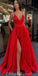 Different Colors A-line Satin Sleeveless Spaghetti Straps Slit Prom Dress, FC3758