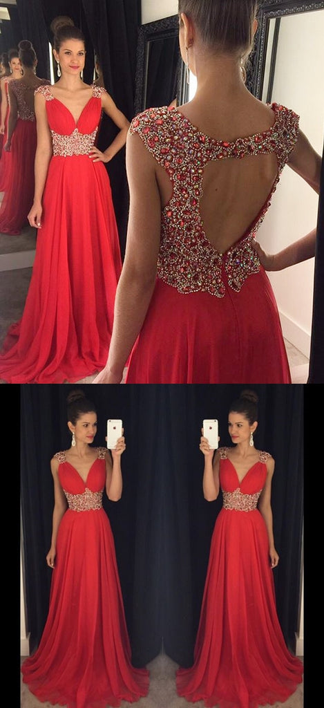 Red Chiffon A-Line Sleeveless Open-Back Beaded Prom Dress, FC375