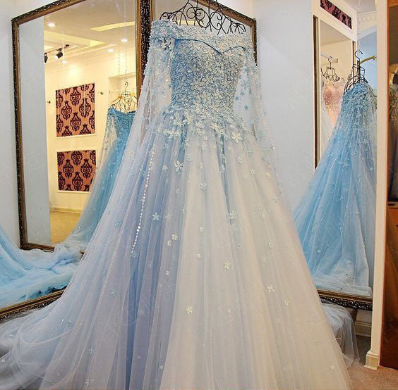 2017 High Quality Charming Blue Off the Shoulder Applique Lace Wedding Dresses with Long Train,220038