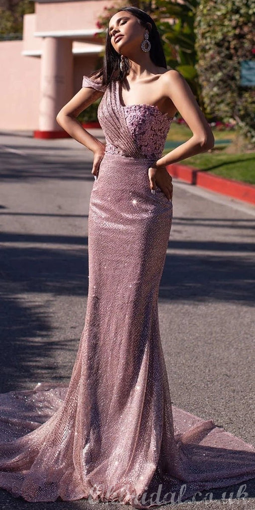 Charming One Shoulder Mermaid Sequin Backless Sparly Prom Dress, FC3834