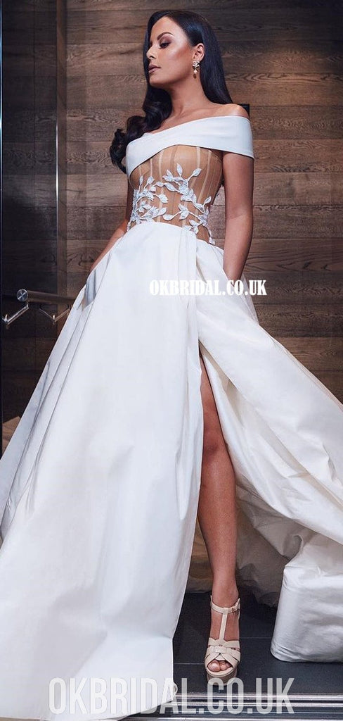 Elegant A-line Off Shoulder Backless Slit Satin Wedding Dresses, FC3916