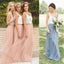 Popular Cheap Junior Off Shoulder Scoop Neck White Blush Pink Tulle Long Bridesmaid Dresses, WG40