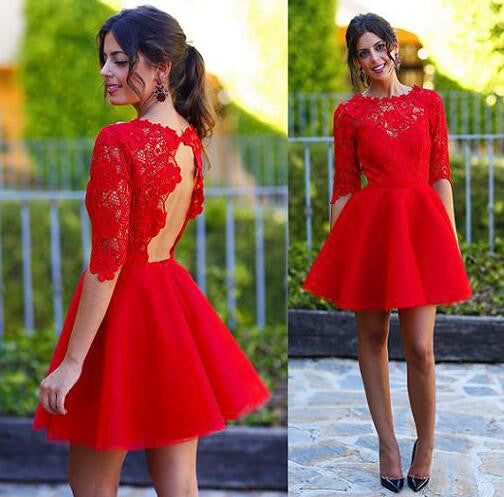 Red Sexy Long sleeve open back lace homecoming prom dresses, CM0002