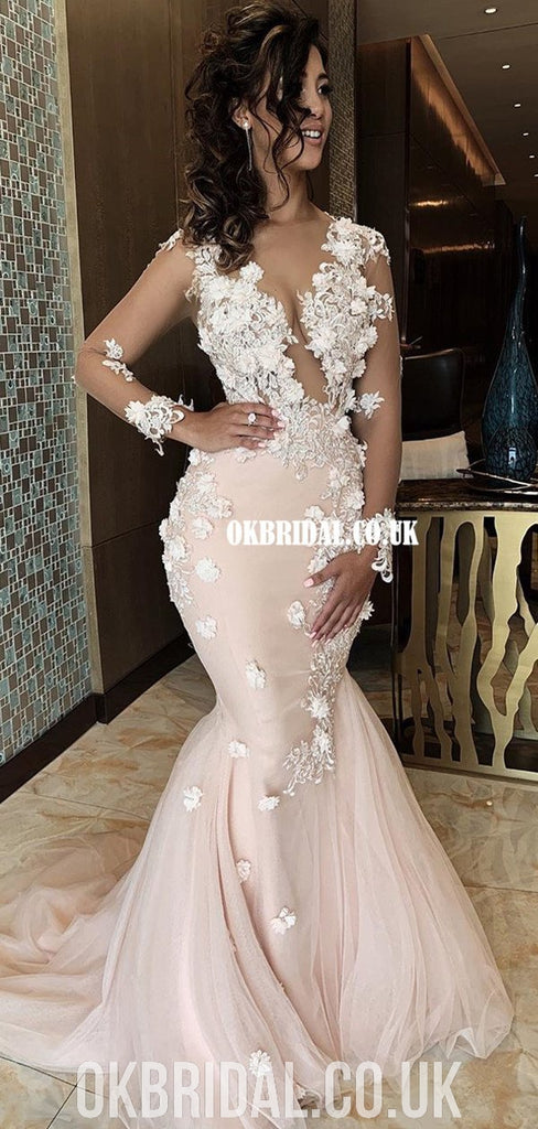 Newest Long Sleeves Lace Appliques Mermaid Tulle Wedding Dresses, FC4046