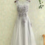 New Arrival A Line Charming gray tulle lace Sleeveless Open Back Applique Floor-Length prom dress,220041