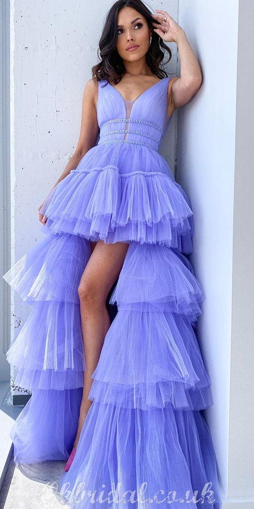 Long A-line Tulle Sleeveless High-Low Lilac Charming Prom Dress, FC4159