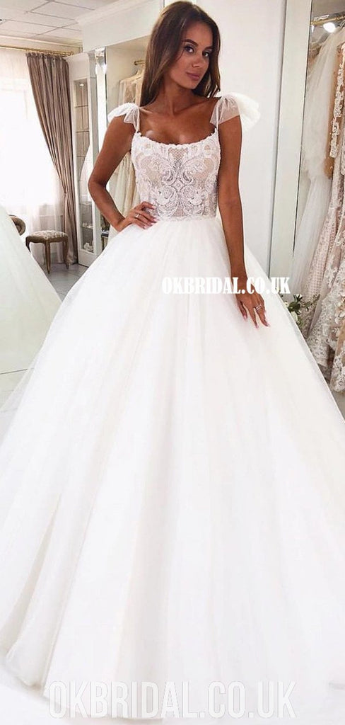 Gorgeous A-line Lace Top Sleeveless Tulle Long Wedding Dresses, FC4353