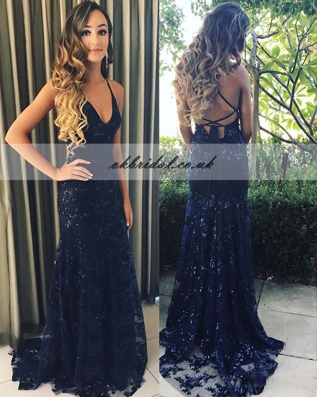 Charming Lace Prom Dress, Navy Backless Mermaid Dress, KX437