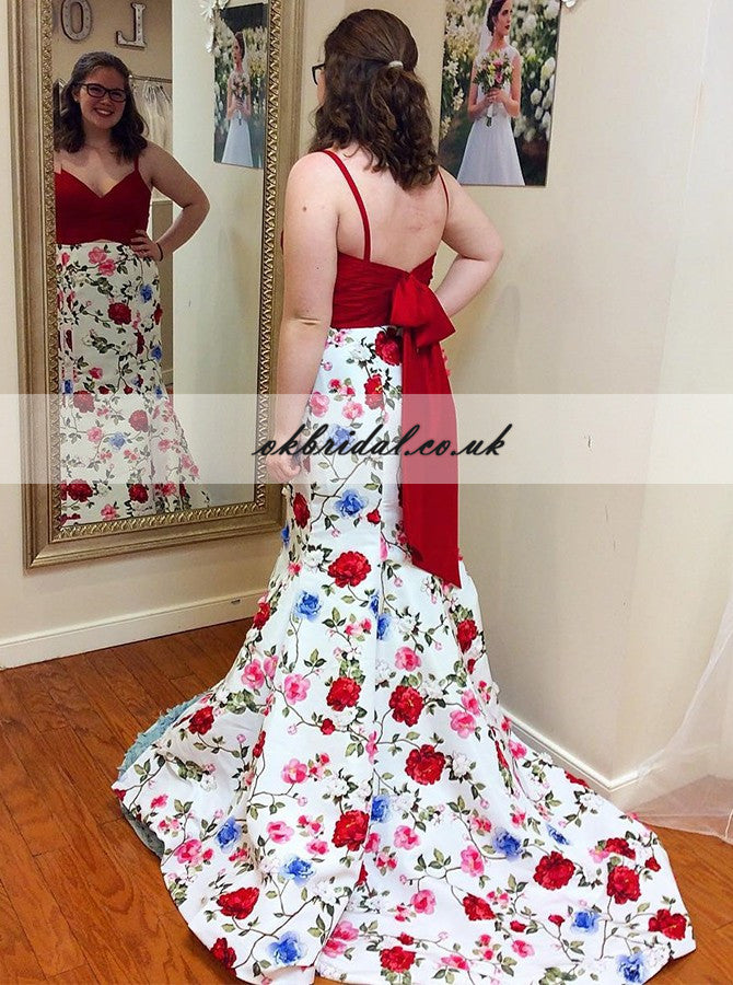 Newest Two Pieces Mermaid Prom Dress, Spaghetti Straps Printed Prom Dress, KX445