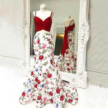 Newest Two Pieces Mermaid Prom Dress, Spaghetti Straps Printed Prom Dress, KX445