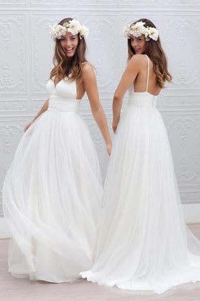 Long Wedding Dress, Tulle Wedding Dress, A-Line Bridal Dress, Spaghetti Straps Wedding Dress, Beach Wedding Dress, Backless Wedding Dress, Deep V-Neck Wedding Dress, LB0447