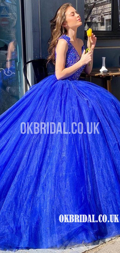 Gorgeous A-line Royal Blue Off Shoulder Beaded Long Prom Dress, FC4600