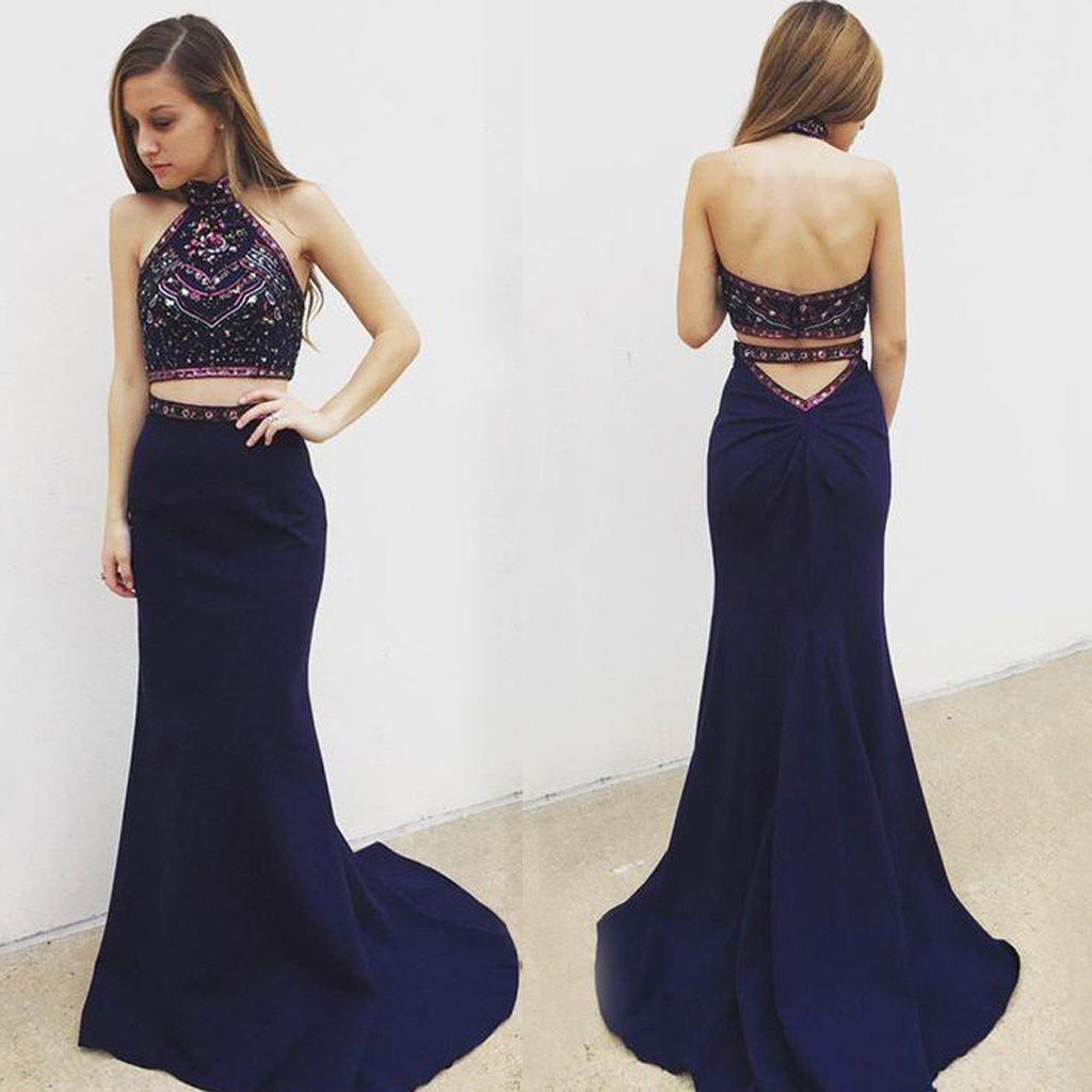 Halter Two Pieces Prom Dress, Beaded Top Backless Mermaid Prom Dress, KX517