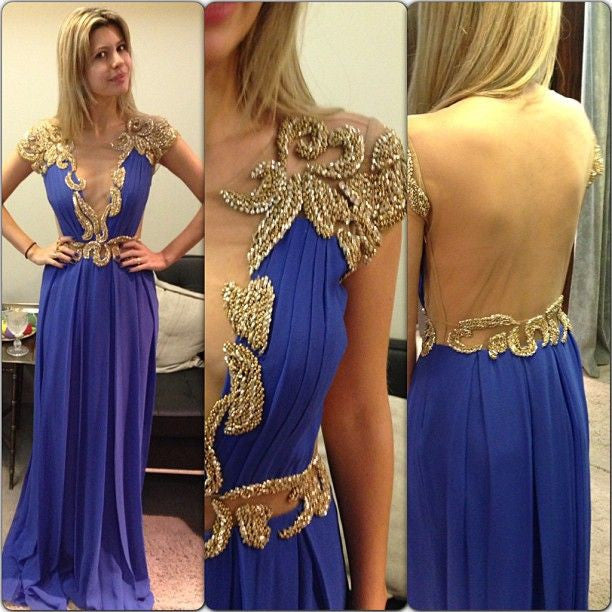 Gold Cap Sleeve Seen Through Back Deep V Neck Long Prom Dress, WG519