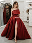 Simple Satin A-line Off Shoulder Slit Long Prom Dress , FC5342