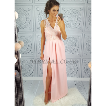 Pink Lace Prom Dress, V-Neck Prom Dress, Sexy Side Split Prom Dress, KX55