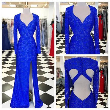 Long Sleeves Royal Blue Open Back Side Slit Long Prom Dress, WG574