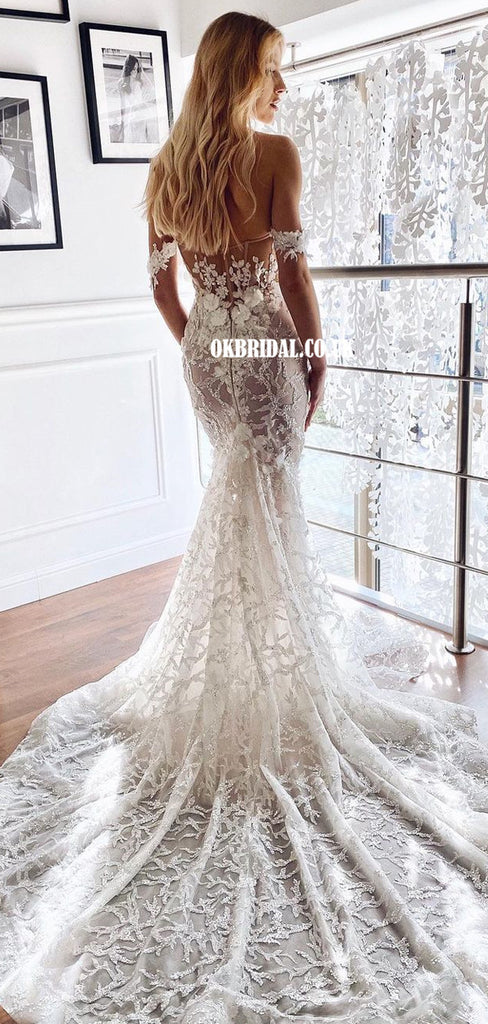 Stunning Off Shoulder Lace Mermaid Sweetheart Backless Wedding Dresses, FC5864