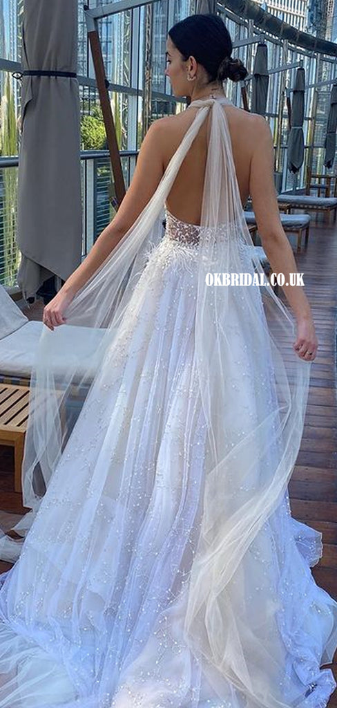 Halter A-line Lace Backless Tulle Elegant Long Wedding Dresses, FC5868