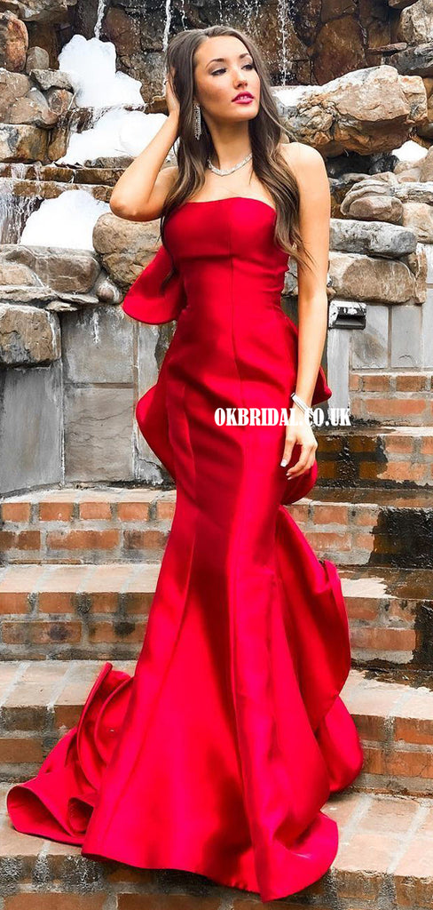 Stunning Straight Neck Mermaid Red Satin Long Prom Dresses, FC5949