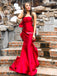 Stunning Straight Neck Mermaid Red Satin Long Prom Dresses, FC5949