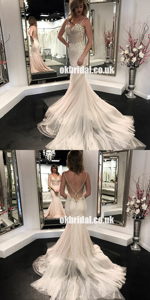 Charming Spaghetti Straps Tulle Backless Wedding Dresses, Sexy Backless Applique Wedding Dresses, KX595