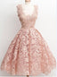 Peach Lace Scoop Neckline Short Cute homecoming prom dresses, CM0009