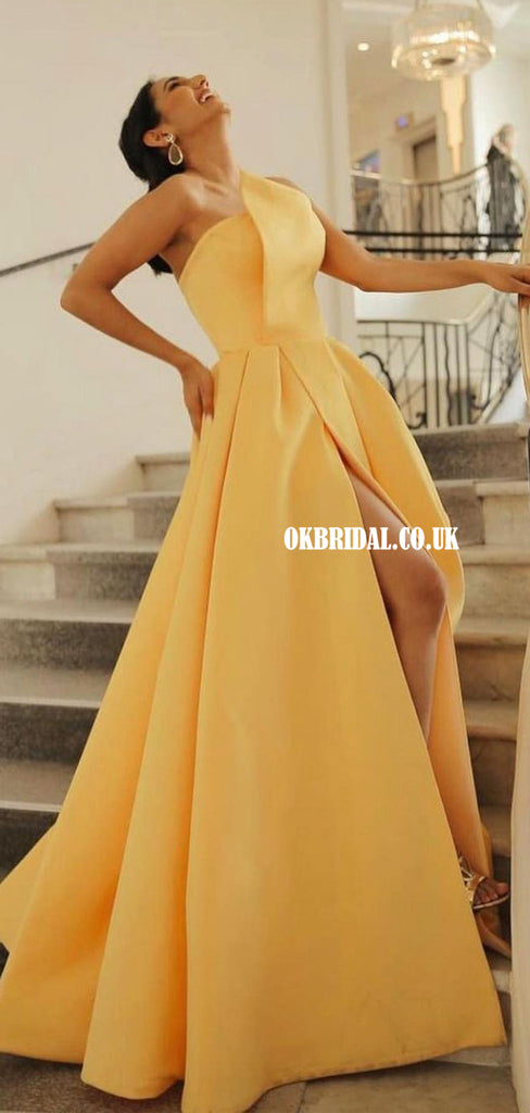 Elegant A-line Satin Sexy Slit Backless Long Prom Dresses, FC6050