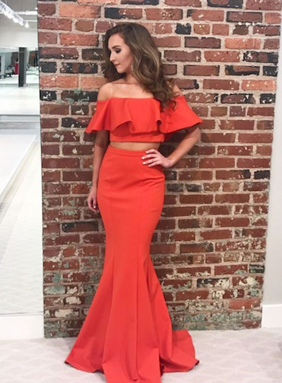 Two Pieces Mermaid Jersey Prom Dress, Charming Off Shoulder Red Prom Dress, KX613