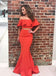 Two Pieces Mermaid Jersey Prom Dress, Charming Off Shoulder Red Prom Dress, KX613