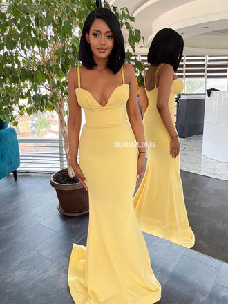 Yellow Mermaid Spaghetti Straps Sweetheart Backless Long Prom Dresses, FC6228