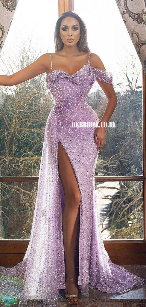 Charming Spaghetti Straps Mermaid Sexy High Slit Sparkle Sequin Prom Dresses, FC6248