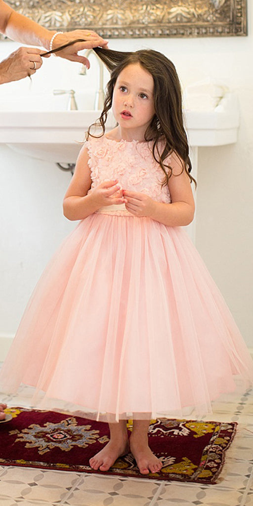 Pink A-Line Tulle Flower Girl Dresses, Popular Applique Little Girl Dresses, FC650