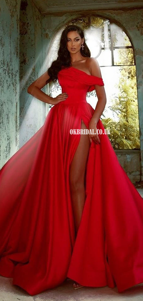 Off Shoulder A-line Red Satin Sexy Slit Long Dresses, FC6538