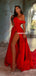 Off Shoulder A-line Red Satin Sexy Slit Long Dresses, FC6538