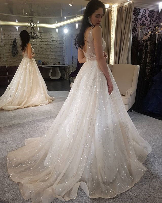 Sparkly Sequin A-Line Gorgeous Tulle V-Back Wedding Dresses, KX658