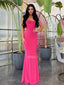 Pink Spaghetti Straps Mermaid Backless Long Jersey Prom Dresses, FC7007