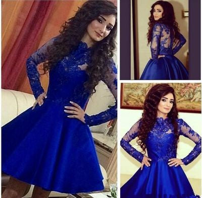 Royal Blue Long Sleeve Lace Pretty Knee Length Cheap Short Graduation Homecoming Dress, WG701