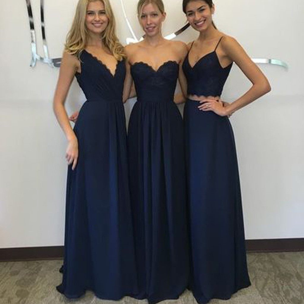 Mismatched New Design Elegant Lace Chiffon Navy Blue A Line Floor-Length Inexpensive Bridesmaid Dresses, WG70