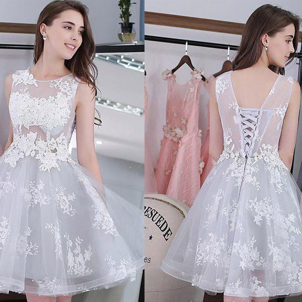 Short Homecoming Dress, Tulle Homecoming Dress, Sleeveless Homecoming Dress, Applique Junior School Dress, See Through Homecoming Dress, Knee-Length Homecoming Dress, LB0743