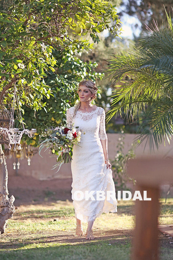Gorgeous Lace Half Sleeve Long Mermaid Open-Back Wedding Dresses, KX763