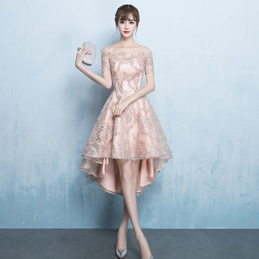 Off Shoulder Short Sleeve Homecoming Dress, Tulle High-Low Applique Homecoming Dress, LB0771