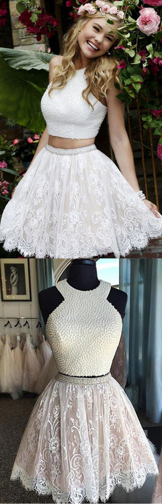 Sexy Two Pieces Halter Lace skirt Pearls bodice Cute homecoming prom dresses, CM0010