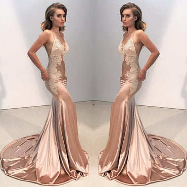 Long Elastic Satin Mermaid Prom Dresses, Cheap Applique Backless Prom Dresses, KX681