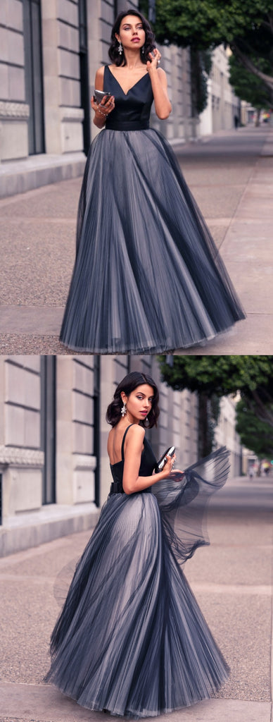 Tulle Sleeveless V-Neck Prom Dresses, A-Line Floor-length Satin Prom Dress, LB0837