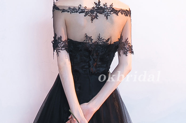 High-Low Tulle Unique Homecoming Dress, Applique Sweet Heart Black Homecoming Dress, LB0854