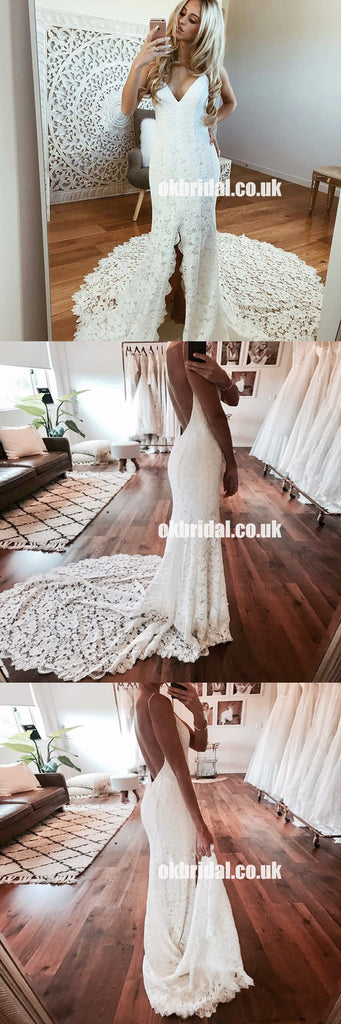 Spaghetti Straps Lace V-Neck Wedding Dress, Sexy Mermaid Slit Backless Wedding Dress, LB0868