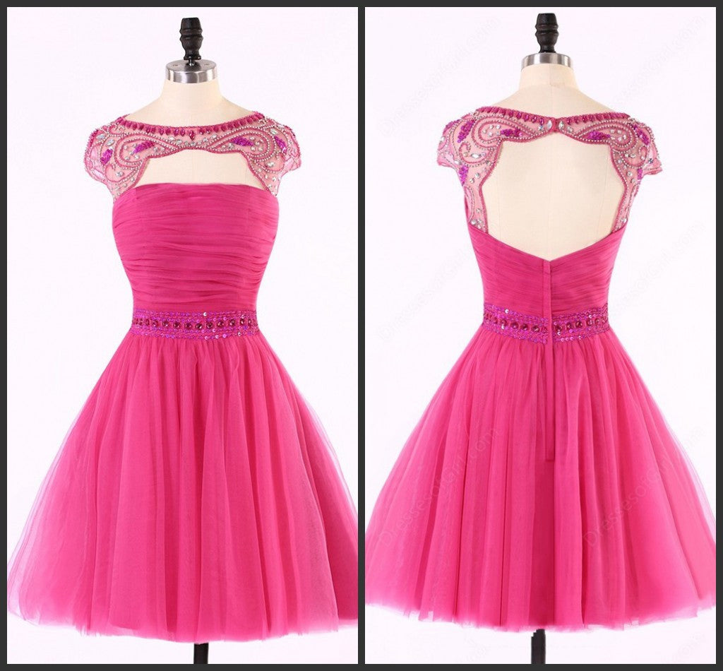 Sexy Open Back Hot Pink Beaded Cute homecoming prom dresses, CM0014